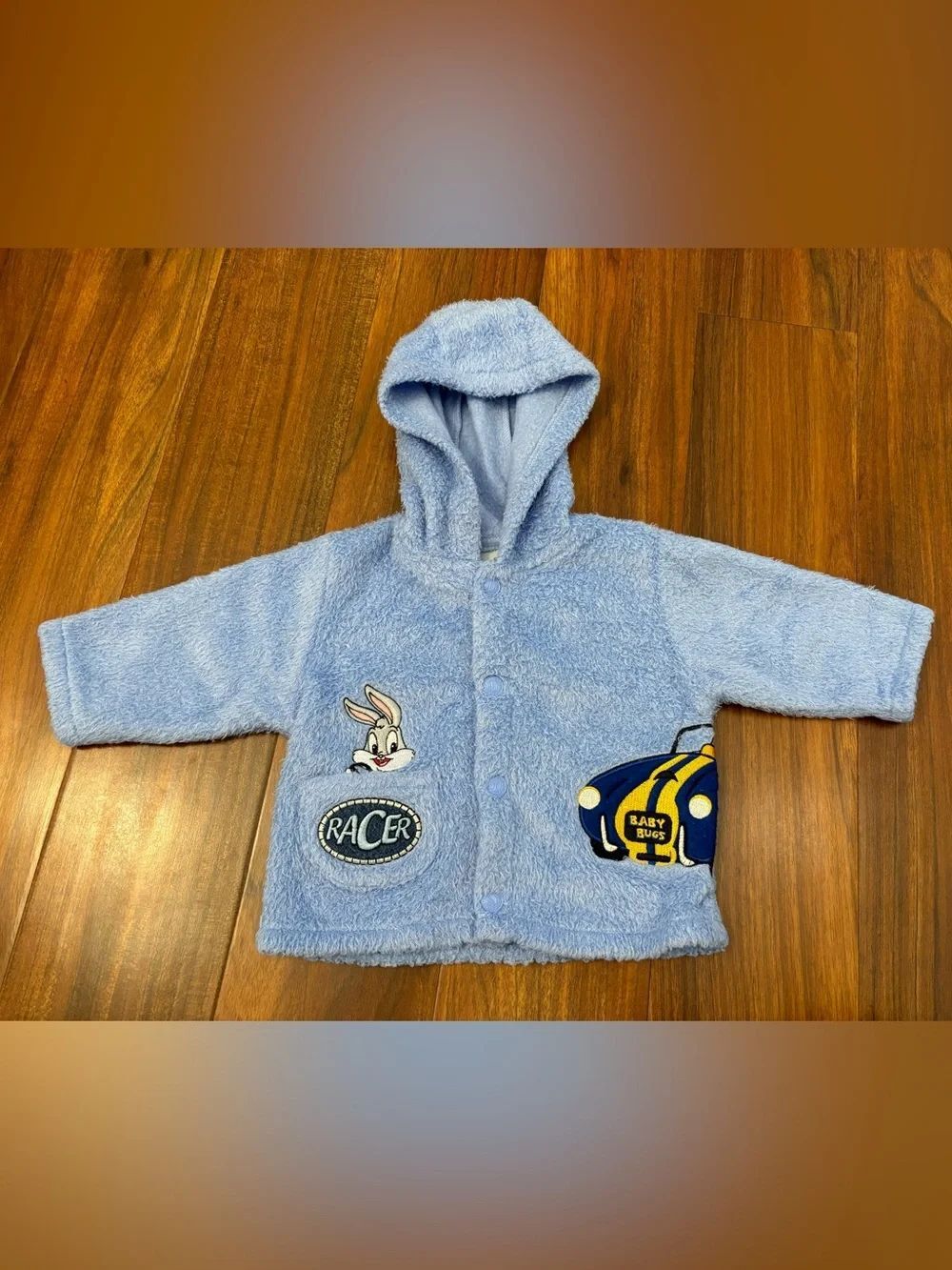 Baby Looney Tunes Vintage Bugs Bunny Embroidered Blue Fuzzy Jacket